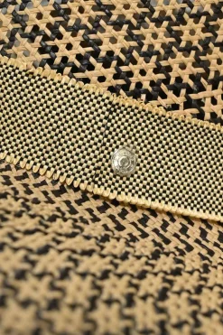 Ecru and black woven raffia Etna straw hat with "Leger comme une plume" embroidered band