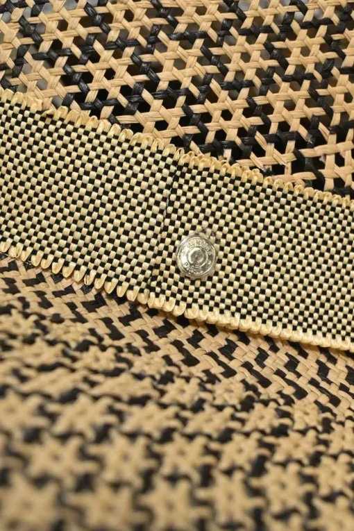 Ecru and black woven raffia Etna straw hat with "Leger comme une plume" embroidered band