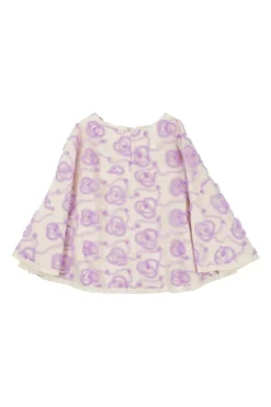 Ecru and lilac nylon-blend mixed-media swing skirt featuring top-stitched moulage poppy motif