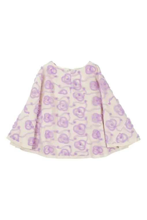 Ecru and lilac nylon-blend mixed-media swing skirt featuring top-stitched moulage poppy motif