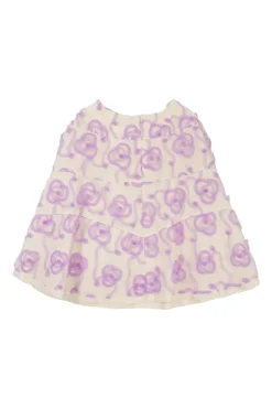 Ecru and lilac nylon-blend mixed-media swing skirt featuring top-stitched moulage poppy motif