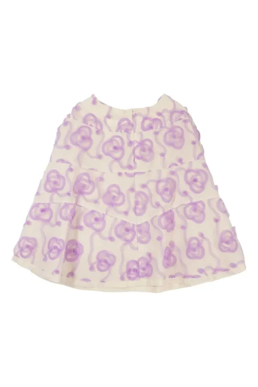 Ecru and lilac nylon-blend mixed-media swing skirt featuring top-stitched moulage poppy motif