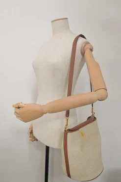 Ecru canvas and leather Bucket 16 bag with detachable shoulder strap