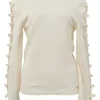 Ecru cashmere portrait neck pullover sweater featuring cutout sleeves with camellia appliqué