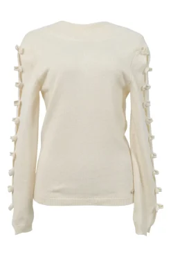 Ecru cashmere portrait neck pullover sweater featuring cutout sleeves with camellia appliqué