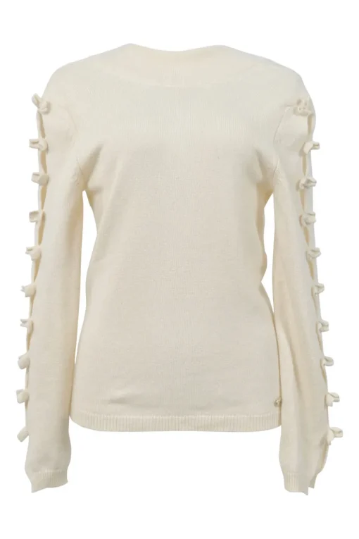 Ecru cashmere portrait neck pullover sweater featuring cutout sleeves with camellia appliqué