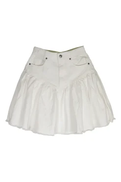 Ecru cotton denim high-rise mini ruffle skirt