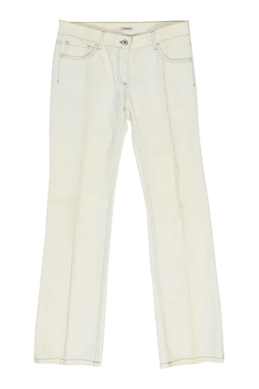 Ecru cotton denim low-rise skinny jeans with contrast topstitching details