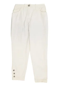 Ecru cotton denim pull-on high-rise skinny jeans with Coco Mark shank button appliqué along cuffs