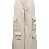 Ecru cotton twill high-rise wide-leg cargo pants