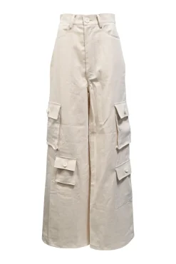 Ecru cotton twill high-rise wide-leg cargo pants