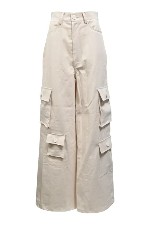 Ecru cotton twill high-rise wide-leg cargo pants