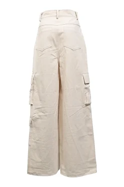 Ecru cotton twill high-rise wide-leg cargo pants