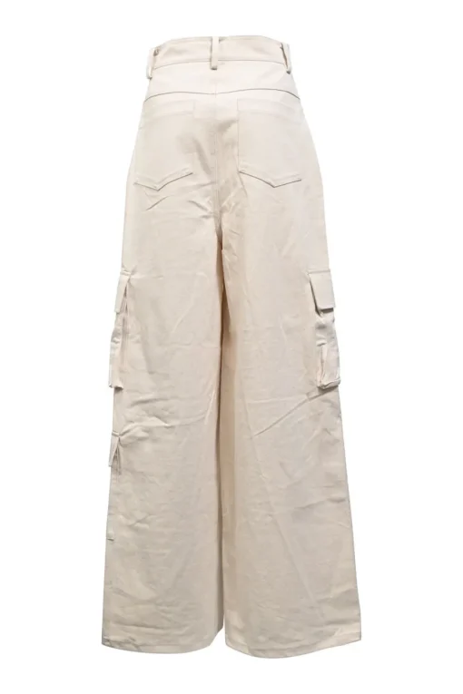 Ecru cotton twill high-rise wide-leg cargo pants
