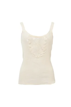 Ecru cotton-blend rib knit cami with tonal crochet bib