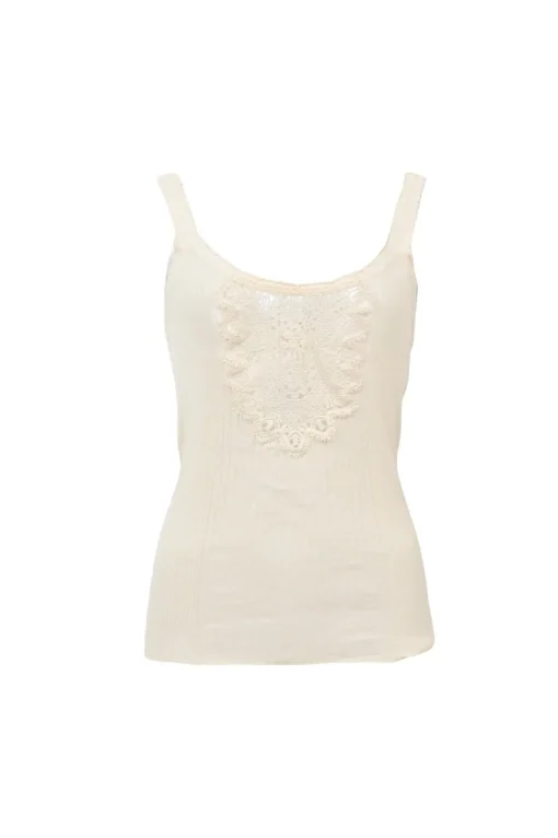 Ecru cotton-blend rib knit cami with tonal crochet bib