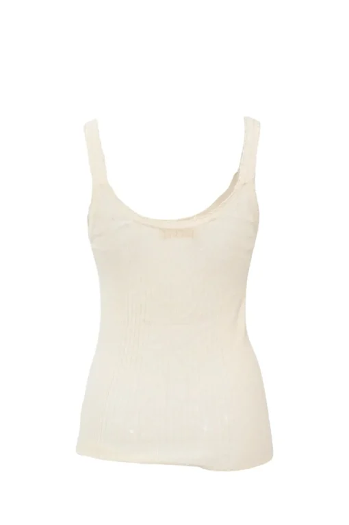 Ecru cotton-blend rib knit cami with tonal crochet bib