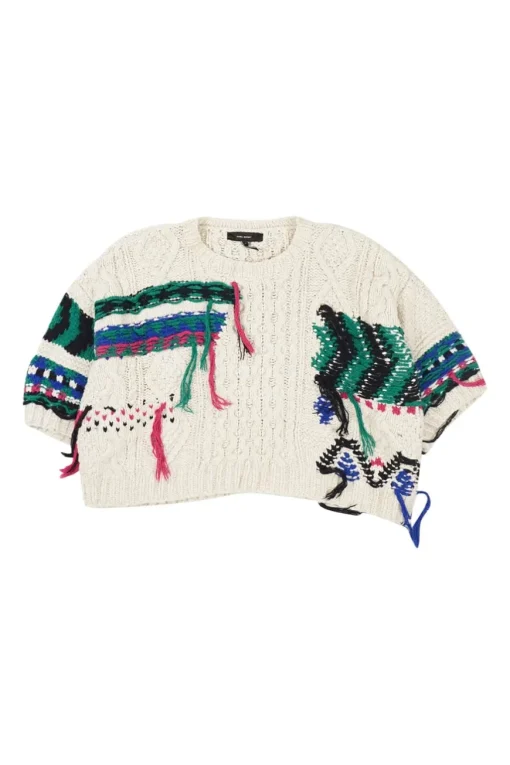 Ecru cotton-linen blend crewneck pullover cable-knit cropped top with experimental weave yarn inserts