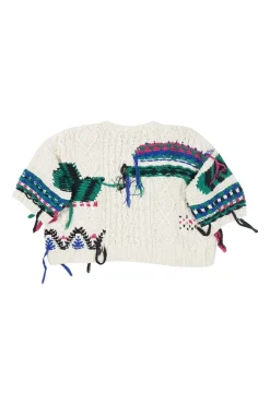 Ecru cotton-linen blend crewneck pullover cable-knit cropped top with experimental weave yarn inserts