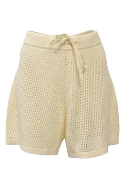 Ecru eyelet knit wide-leg shorts with drawstring waistband