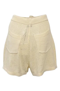 Ecru eyelet knit wide-leg shorts with drawstring waistband