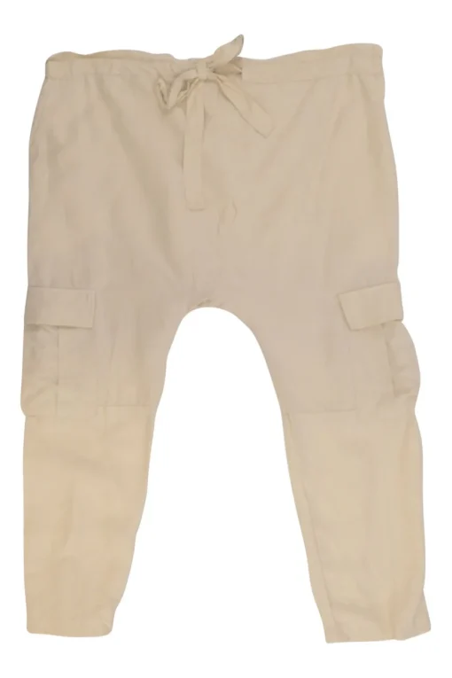 Ecru Lyocell-linen blend pull-on drop-crotch cargo capri pants with adjustable drawstring waist