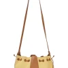 Ecru raffia and brown leather Lilium drawstring shoulder bag