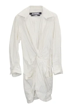 Ecru striped cotton-linen blend twist-front La Robe Bolso plunge shirt dress
