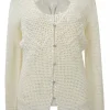 Ecru viscose-blend crochet criss-cross tank and button-loop cardigan peek-a-boo twin set