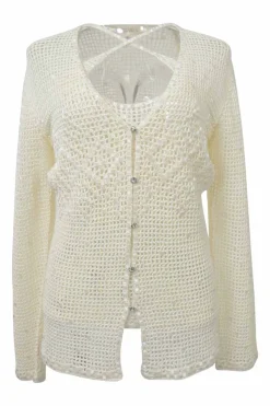 Ecru viscose-blend crochet criss-cross tank and button-loop cardigan peek-a-boo twin set