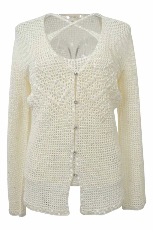 Ecru viscose-blend crochet criss-cross tank and button-loop cardigan peek-a-boo twin set