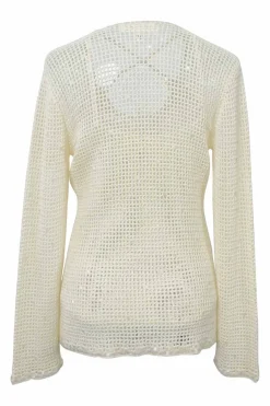 Ecru viscose-blend crochet criss-cross tank and button-loop cardigan peek-a-boo twin set