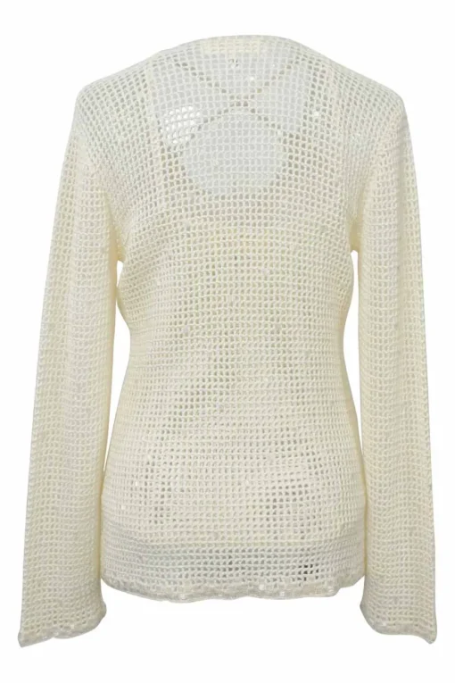 Ecru viscose-blend crochet criss-cross tank and button-loop cardigan peek-a-boo twin set