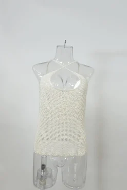 Ecru viscose-blend crochet criss-cross tank and button-loop cardigan peek-a-boo twin set