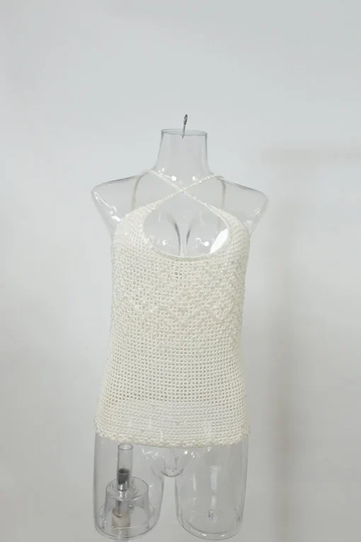 Ecru viscose-blend crochet criss-cross tank and button-loop cardigan peek-a-boo twin set