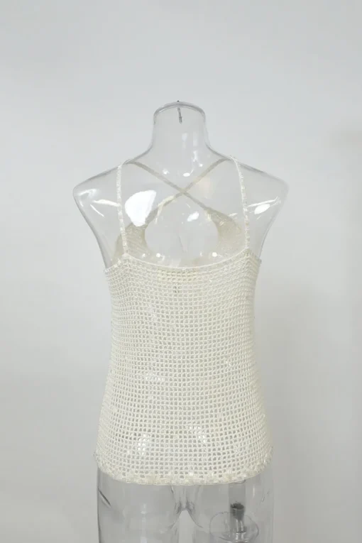 Ecru viscose-blend crochet criss-cross tank and button-loop cardigan peek-a-boo twin set