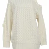 Ecru wool-blend saddle-stitched racked rib knit pullover cold-shoulder sweater