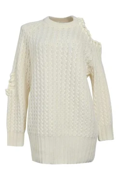 Ecru wool-blend saddle-stitched racked rib knit pullover cold-shoulder sweater