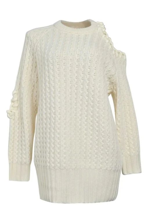 Ecru wool-blend saddle-stitched racked rib knit pullover cold-shoulder sweater