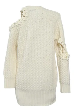 Ecru wool-blend saddle-stitched racked rib knit pullover cold-shoulder sweater