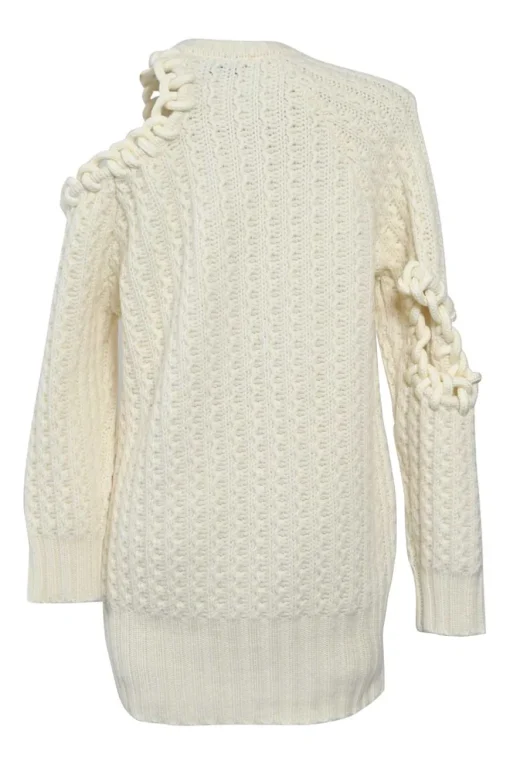 Ecru wool-blend saddle-stitched racked rib knit pullover cold-shoulder sweater