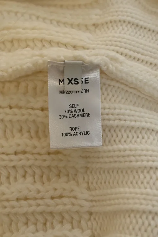 Ecru wool-blend saddle-stitched racked rib knit pullover cold-shoulder sweater
