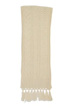 Ecru wool-cashmere blend cable knit fringe scarf