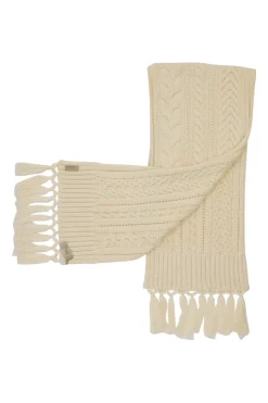 Ecru wool-cashmere blend cable knit fringe scarf