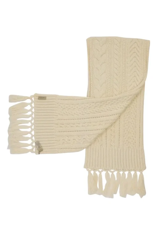 Ecru wool-cashmere blend cable knit fringe scarf