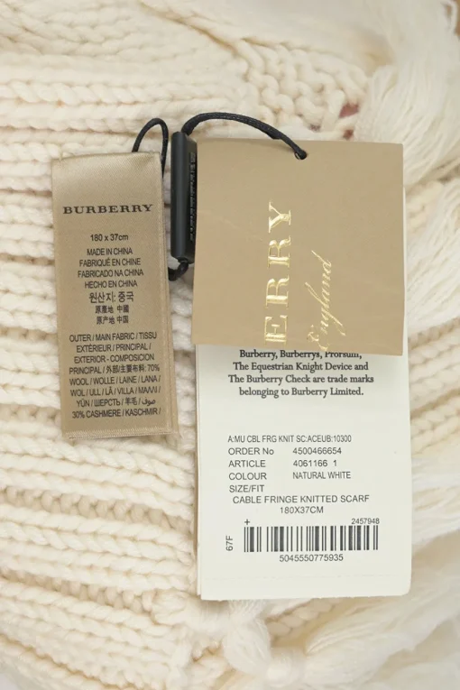 Ecru wool-cashmere blend cable knit fringe scarf