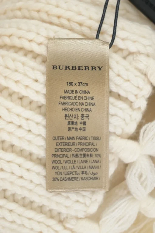 Ecru wool-cashmere blend cable knit fringe scarf