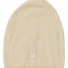 Ecru wool-cashmere blend rib knit beanie with rolled edge