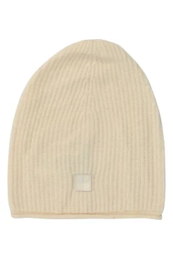 Ecru wool-cashmere blend rib knit beanie with rolled edge