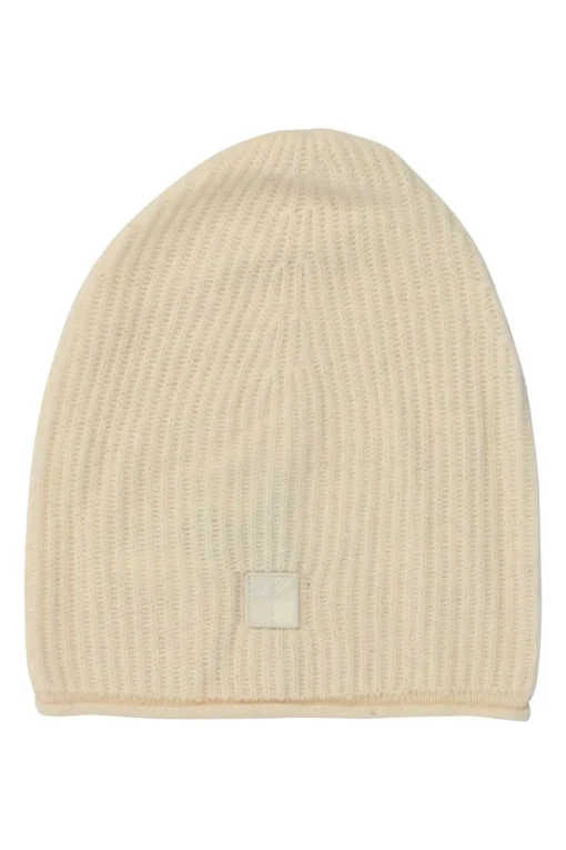Ecru wool-cashmere blend rib knit beanie with rolled edge